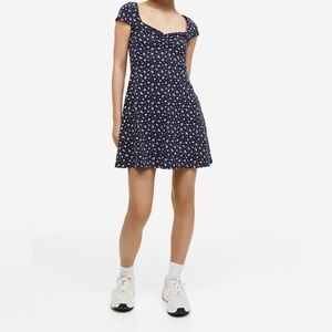 Cap-sleeved Jersey Dress in Navy Blue/Floral in Size M from H&M